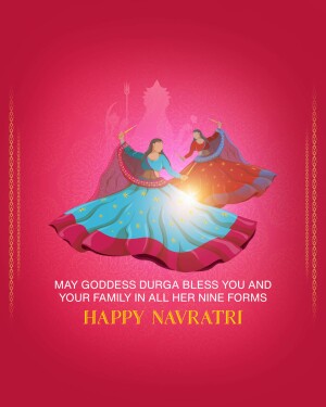 Illustration of women performing Garba dance with Goddess Durga in the background, wishing Happy Navratri.
