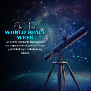 Telescope silhouetted against a starry night sky with text celebrating World Space Week.