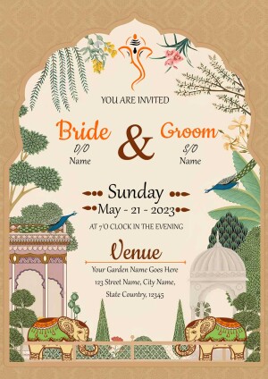Elegant Indian wedding invitation with floral and elephant motifs.