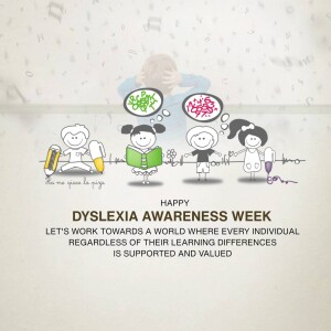 Illustration promoting Dyslexia Awareness Week with children and thought bubbles.