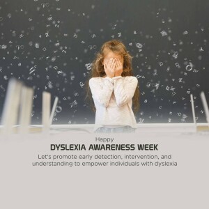 A young girl covering her eyes with letters floating around her, promoting Dyslexia Awareness Week.