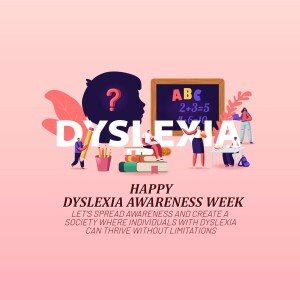 Illustration depicting dyslexia awareness with a silhouette of a child's head, school supplies, and the text 'Dyslexia' and 'Happy Dyslexia Awareness Week'.