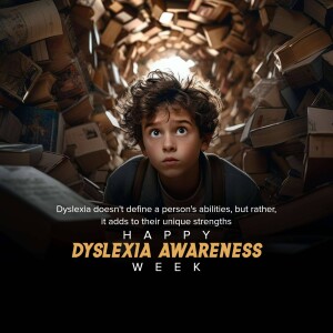 A young boy surrounded by books, promoting Dyslexia Awareness Week.