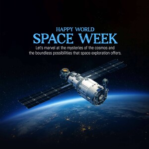 Image depicting a space station orbiting Earth with text 'Happy World Space Week'