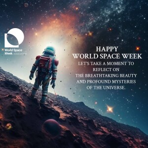Astronaut on a rocky planet with Earth in the background, celebrating World Space Week.