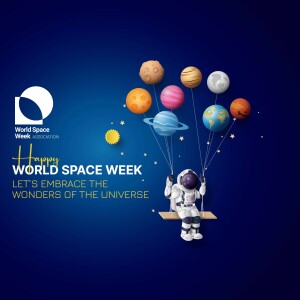 Astronaut swinging on a planet-balloon swing for World Space Week