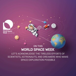Illustration of an astronaut with planets and a rocket, celebrating World Space Week.