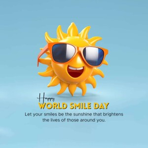 A 3D rendering of a smiling sun wearing sunglasses with the text 'Happy World Smile Day'