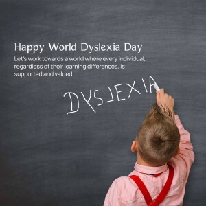 A boy writing the word 'Dyslexia' on a chalkboard with the message 'Let's work towards a world where every individual, regardless of their learning differences, is supported and valued.'