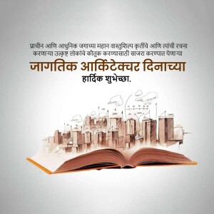 Image with text 'World Architecture Day Greetings' and a book with a cityscape emerging from it.
