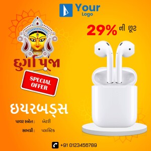 Dussehra promotional image featuring AirPods and a Durga Puja background.