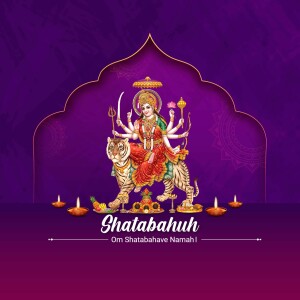 Illustration of Goddess Shatabahu riding a tiger with a purple background
