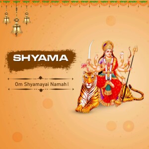Image of Goddess Shyama (Kali) riding a tiger with bells in the background