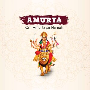 Image of Goddess Durga riding a lion with the text 'Amurta Om Amurtyai Namah!'