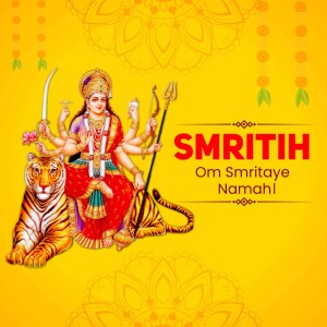 Image of Goddess Durga riding a tiger with weapons in her hands, with the text 'Smritih Om Smritaye Namahi'