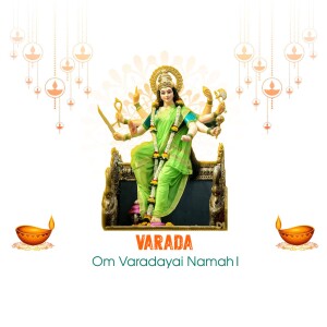 Image of Goddess Varada, a form of Durga, seated on a throne with blessings and lamps.
