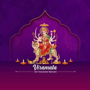 Illustration of Goddess Durga riding a tiger with a decorative arch and diya lamps.