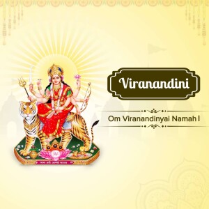 Image of Goddess Viranandini riding a tiger with text 'Om Viranandinyai Namah'