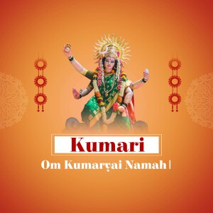 Image of Goddess Kumari, a form of Durga, with text 'Kumari Om Kumariyai Namah'
