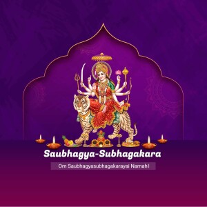 Image of Goddess Durga riding a tiger with a purple background and decorative elements.