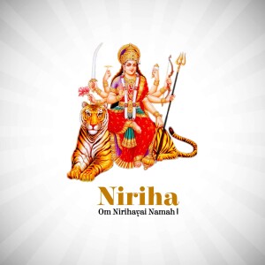 Illustration of Goddess Durga riding a tiger, holding weapons, with the text 'Niriha Om Nirihayai Namah'