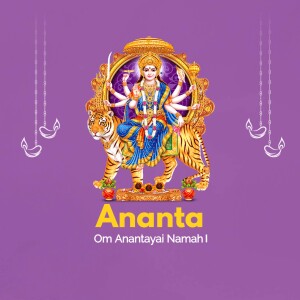 Image of Goddess Durga seated on a tiger with the text 'Ananta Om Anantayai Namah'