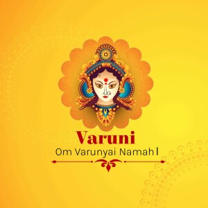 Illustration of Goddess Varuni with text 'Om Varunyai Namah'