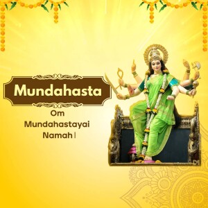 Image of Goddess Mundahasta, a form of Durga, with eight arms holding weapons and blessings.