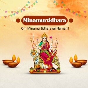 Image of Goddess Durga riding a tiger with diya lamps and a festive banner.