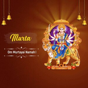 Image of Goddess Durga riding a tiger with golden bells and the text 'Murta Om Murtyai Namah'