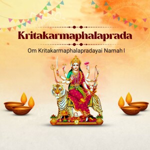 Image of Goddess Durga on a tiger, with oil lamps and festive decorations, celebrating Kritakarmaphalaprada.