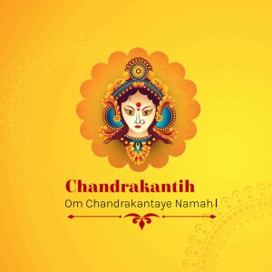 Digital illustration of Goddess Chandrakanta with floral background and Sanskrit text.