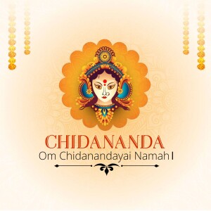 Illustration of Goddess Chidananda with floral background and text