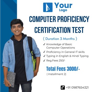 Image advertising a Computer Proficiency Certification Test with a student and details about the course.