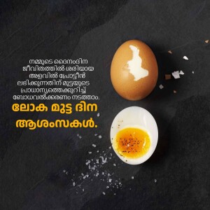 A cracked egg with yolk and a half-boiled egg in a bowl, with Malayalam text.