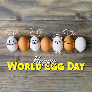 Eggs decorated with bunny faces and the text 'Happy World Egg Day'