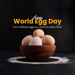 A wooden bowl filled with eggs with the text 'Happy World Egg Day' above it.