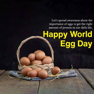 Basket of brown eggs with text 'Happy World Egg Day'