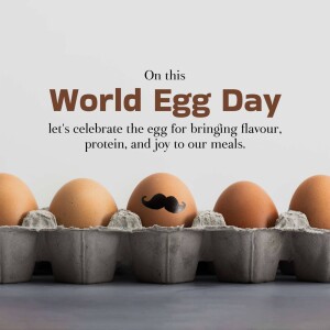 Eggs in a carton with a mustache on one, celebrating World Egg Day