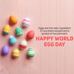 A flat lay of decorated Easter eggs with text 'Happy World Egg Day'