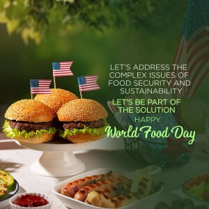 Burgers with American flags and food items celebrating World Food Day