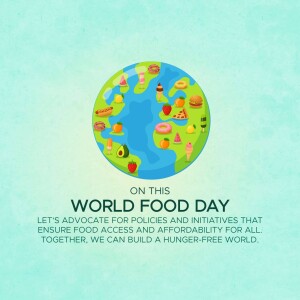 Illustration of the Earth covered in food items with the text 'World Food Day'