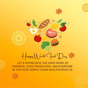 Illustration of various food items arranged in a heart shape with the text 'Happy World Food Day'