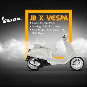 White Vespa scooter with JB branding and specifications