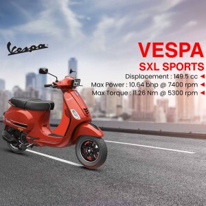 Red Vespa SXL Sports scooter parked on a road with a city skyline in the background