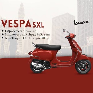 Red Vespa SXL 150 scooter parked in front of a city skyline