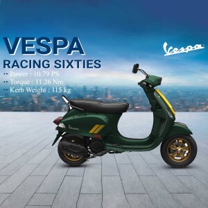 Green and yellow Vespa Racing Sixties scooter with technical specifications
