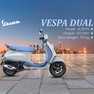 Side view of a white and blue Vespa Dual scooter with city skyline in the background.