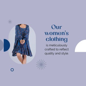 A woman wearing a blue floral dress with text promoting women's clothing.