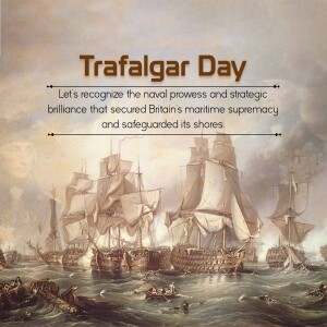 Historical painting depicting the Battle of Trafalgar with ships and naval warfare.